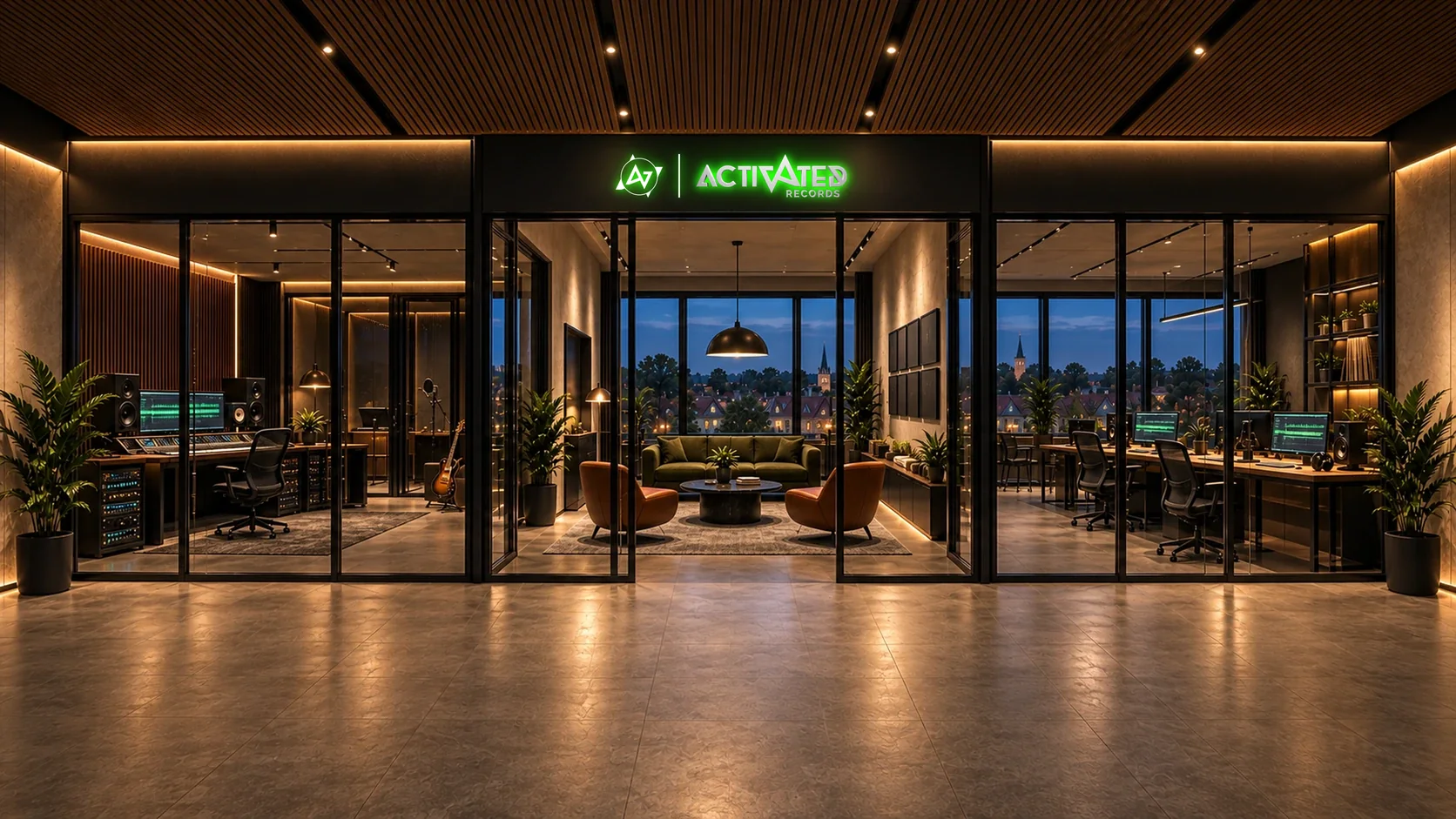 Level 03 of the ACTIVATED Tower at night: production studio, lounge and A&R workspace behind a black steel glass front, the small town beyond.